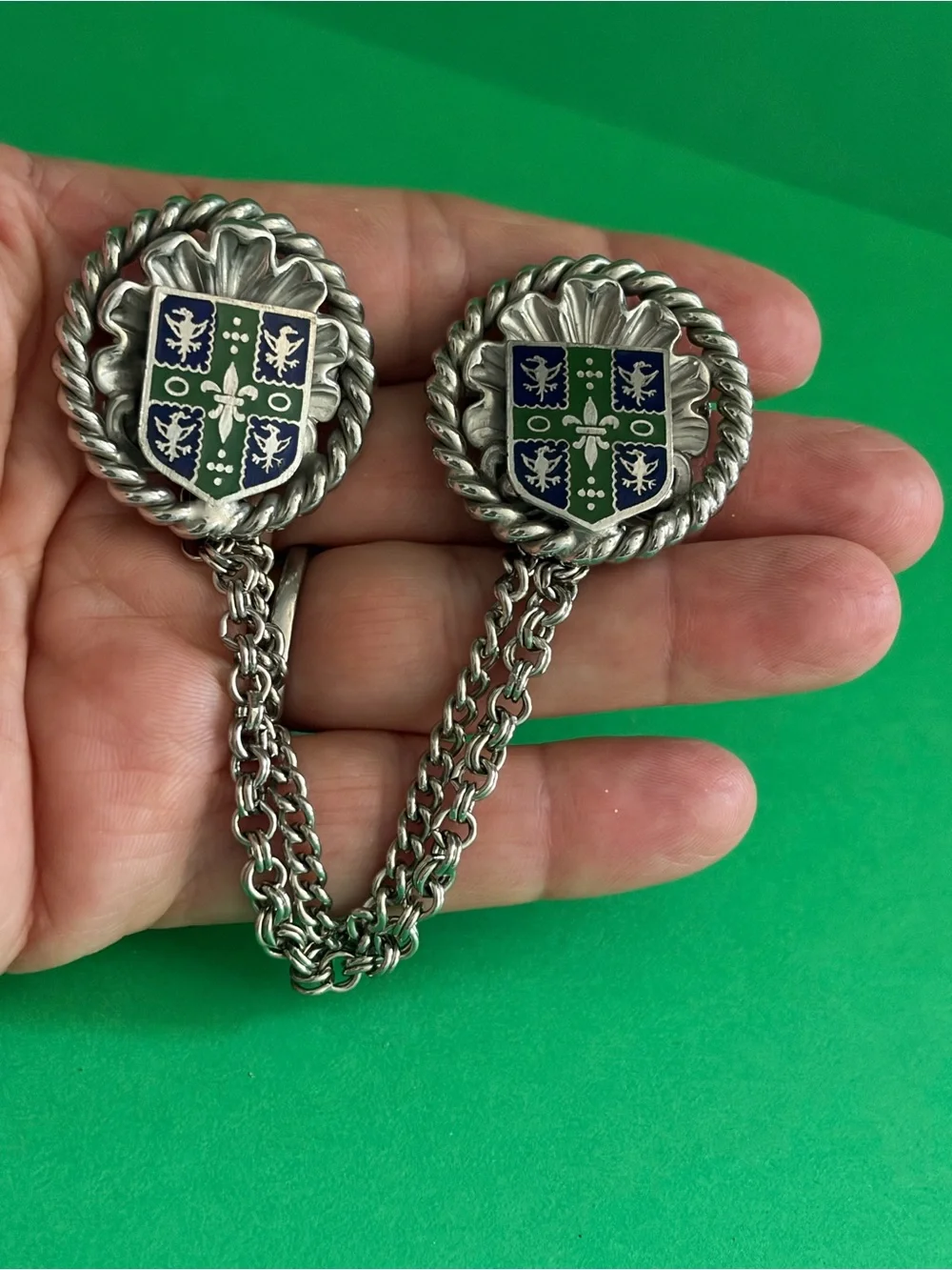 Vintage Heraldic Chatelaine double pin Brooch Silver-tone Green and Blue Enamel